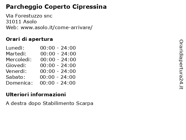 Orari di apertura Parcheggio Coperto Cipressina Via Forestuzzo